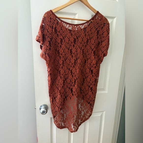 Free People rust lace striped hi low shirt size small boho - Picture 4 of 9